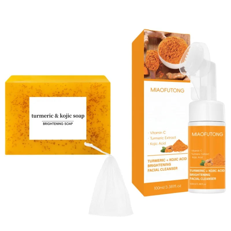 Transform Your Skin with Our Turmeric Cleanser & Soap Set - Powerful Kojic Acid Formula for Blackhead Elimination, Oil Control, and Acne Scar Reduction!