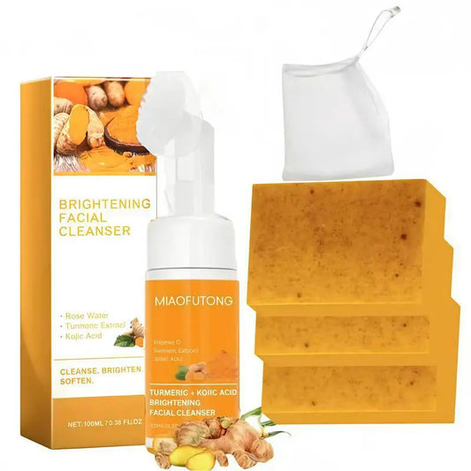 Transform Your Skin with Our Turmeric Cleanser & Soap Set - Powerful Kojic Acid Formula for Blackhead Elimination, Oil Control, and Acne Scar Reduction!