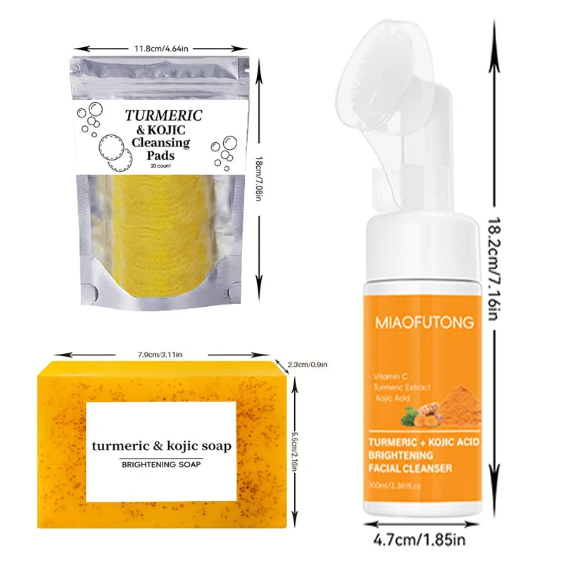 Transform Your Skin with Our Turmeric Cleanser & Soap Set - Powerful Kojic Acid Formula for Blackhead Elimination, Oil Control, and Acne Scar Reduction!