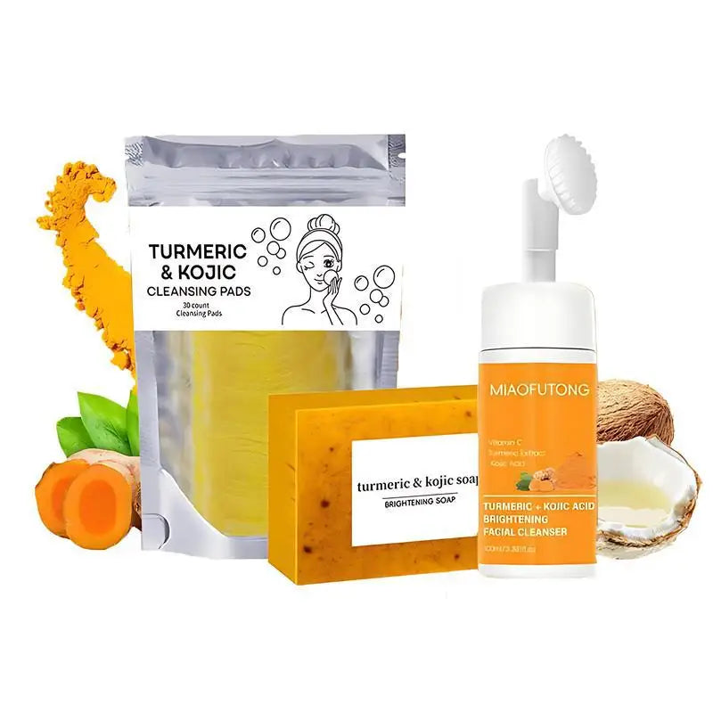 Transform Your Skin with Our Turmeric Cleanser & Soap Set - Powerful Kojic Acid Formula for Blackhead Elimination, Oil Control, and Acne Scar Reduction!
