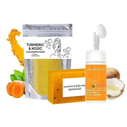 Transform Your Skin with Our Turmeric Cleanser & Soap Set - Powerful Kojic Acid Formula for Blackhead Elimination, Oil Control, and Acne Scar Reduction!
